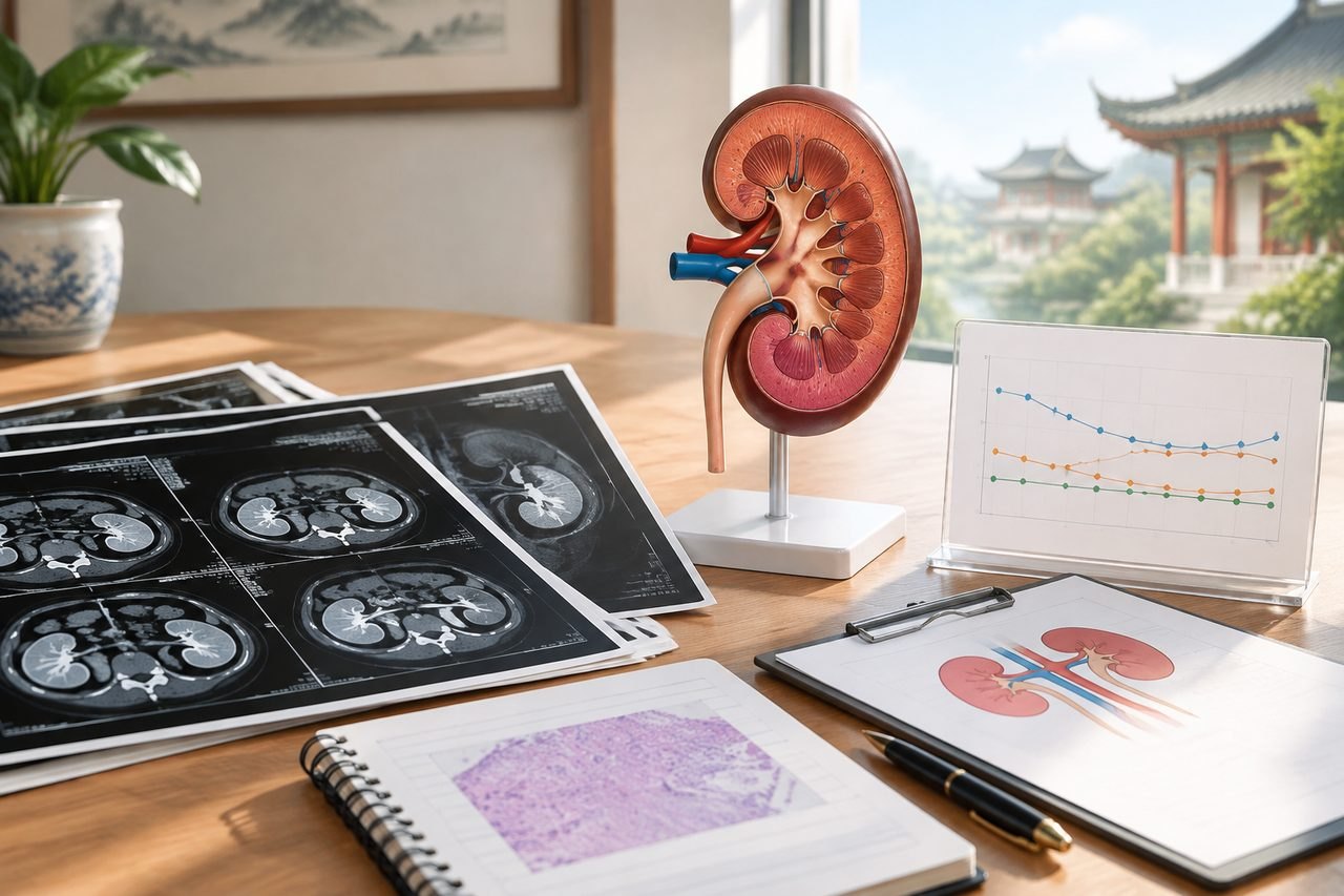 Illustrative image: A kidney anatomical model is displayed alongside medical imaging and charts on a table.