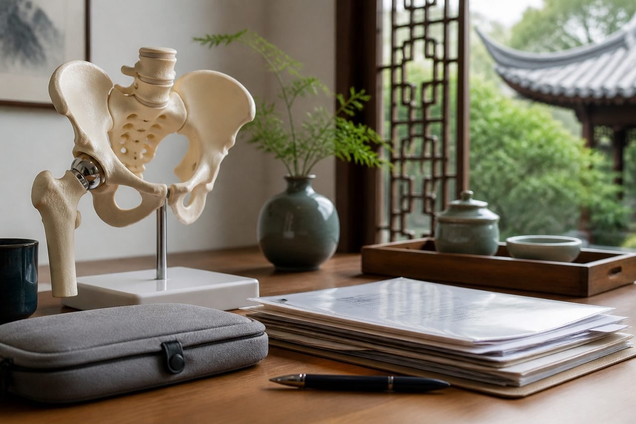 Illustrative image: A detailed anatomical model of a pelvis is displayed on a wooden table alongside documents and decorative items.