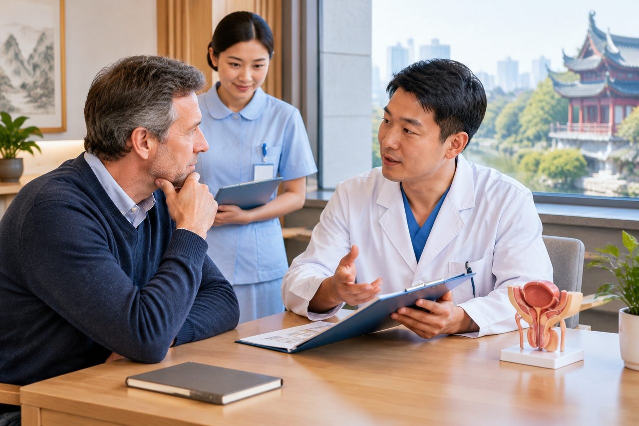 Illustrative image: A doctor discusses medical information with a patient in a consultation room, with a medical model visible on the table.