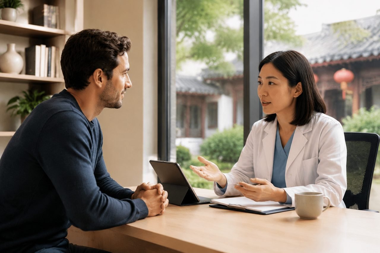Illustrative clinician and adult patient discussing follow-up care in a consultation room.