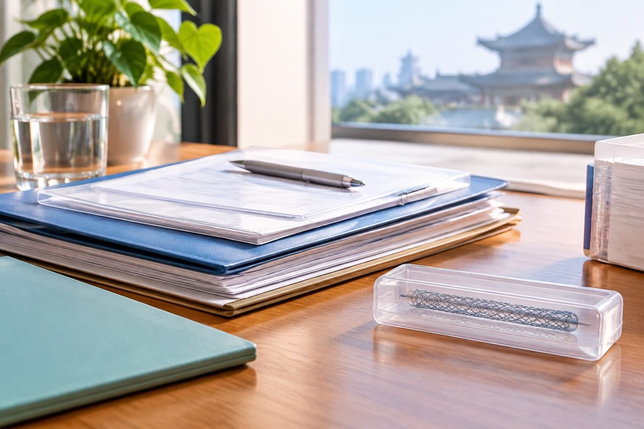 AI illustration: A workspace featuring documents, a pen, a plant, and a medical device in a clear case.