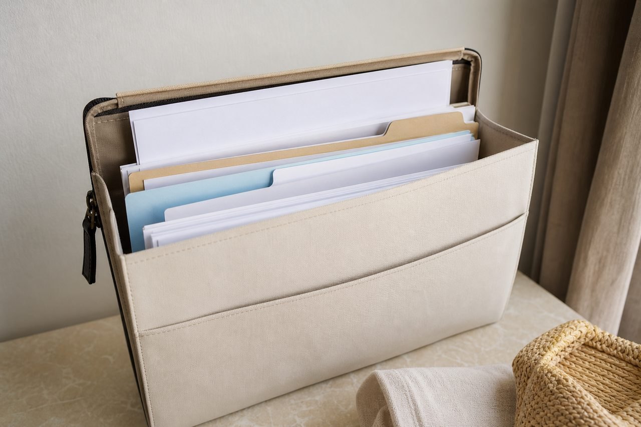 AI illustration: A beige organizer filled with various documents sits on a table next to a woven basket and a towel.