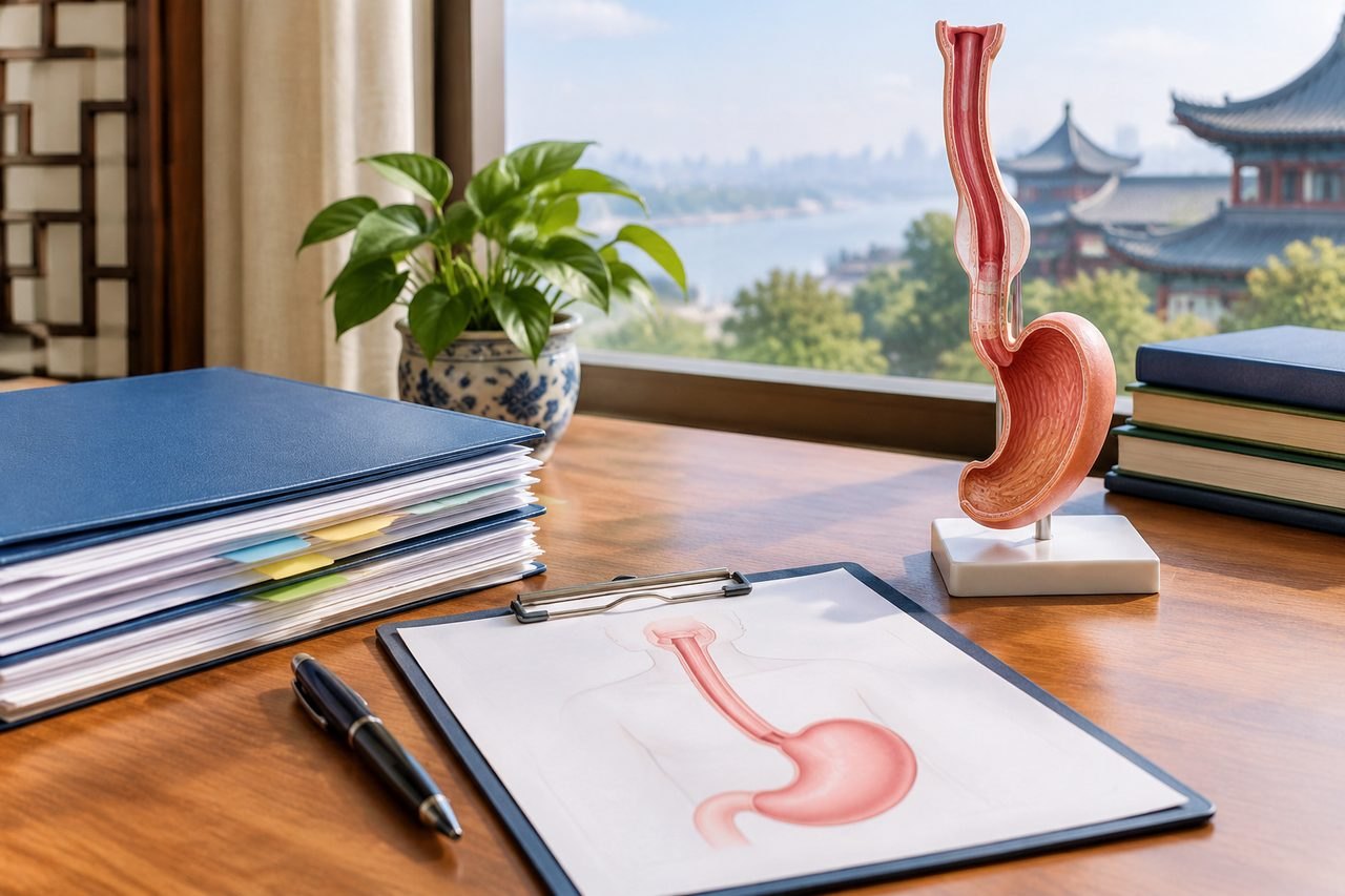 Illustrative image: A detailed anatomical model of the stomach is displayed on a desk alongside medical documents and a plant, with a scenic view outside.