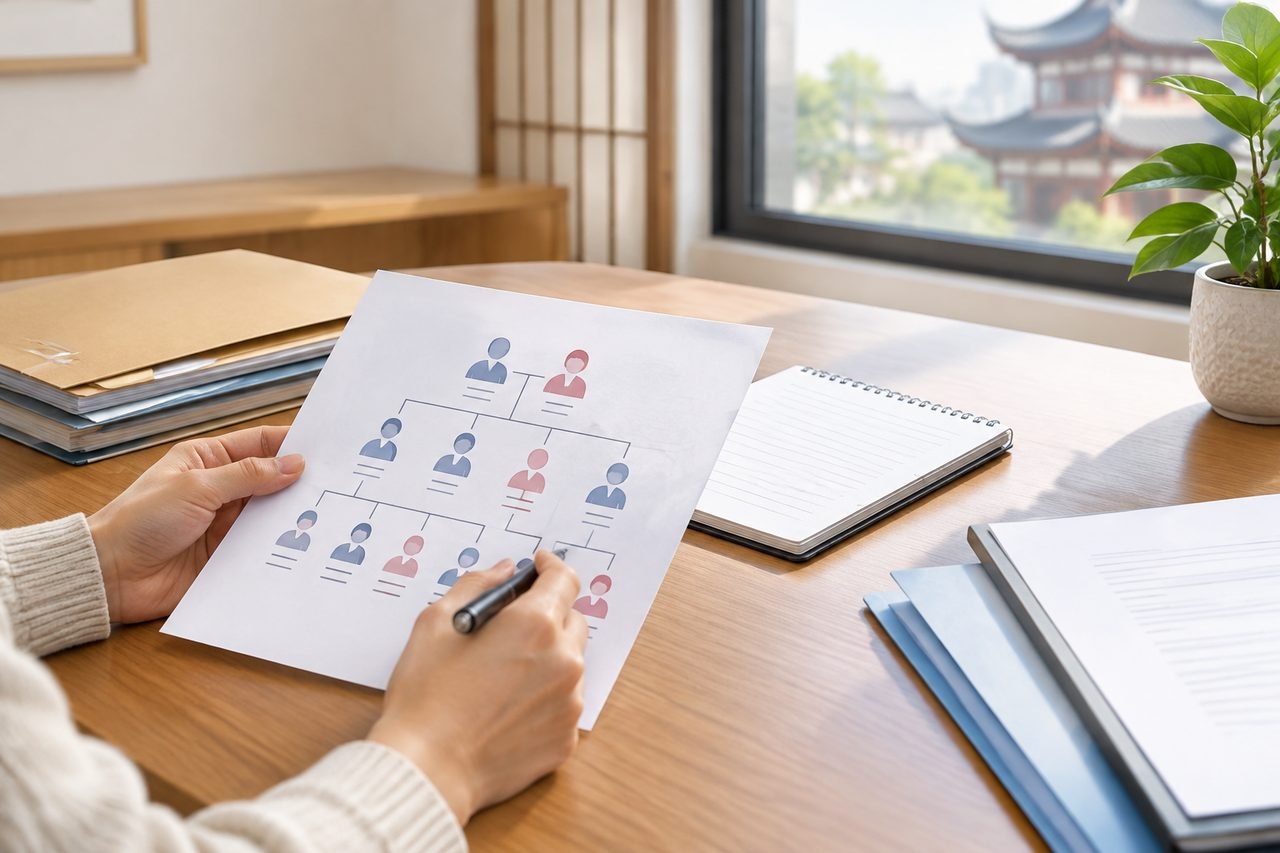 AI illustration: A person is reviewing an organizational chart while seated at a desk with various documents and a notebook.