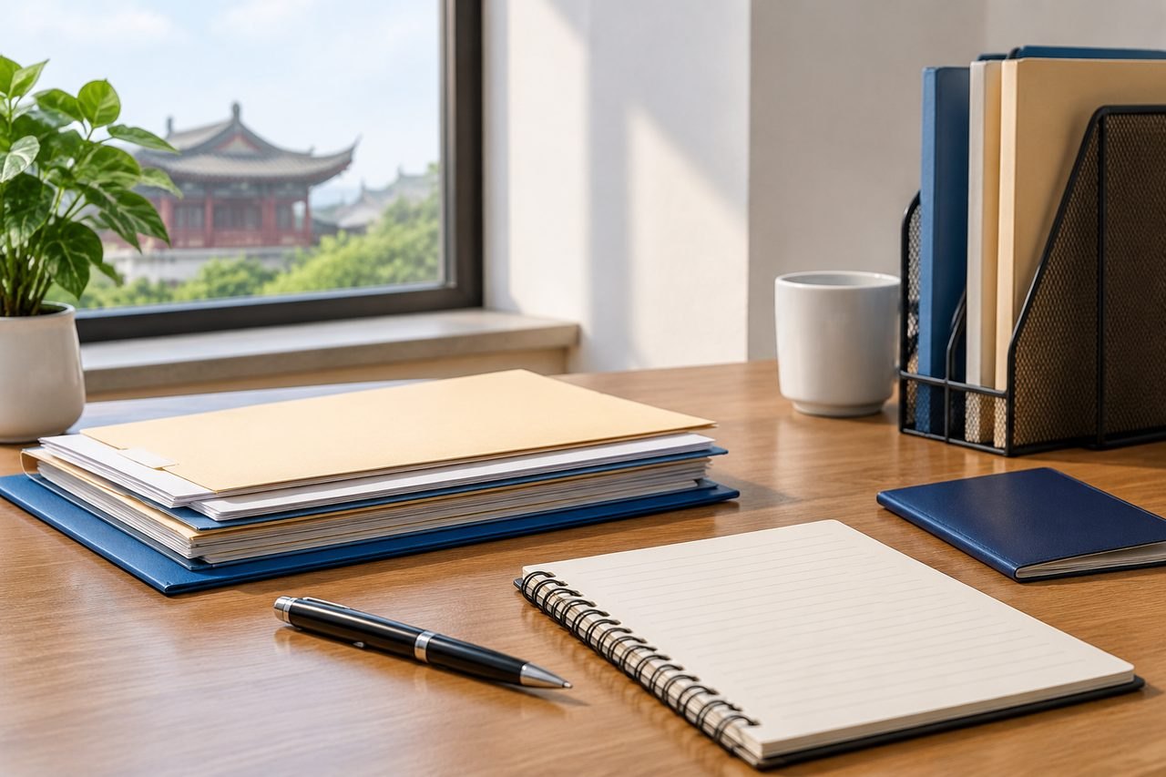 AI illustration: A well-organized desk featuring folders, a notebook, and a plant with a view of traditional architecture outside.
