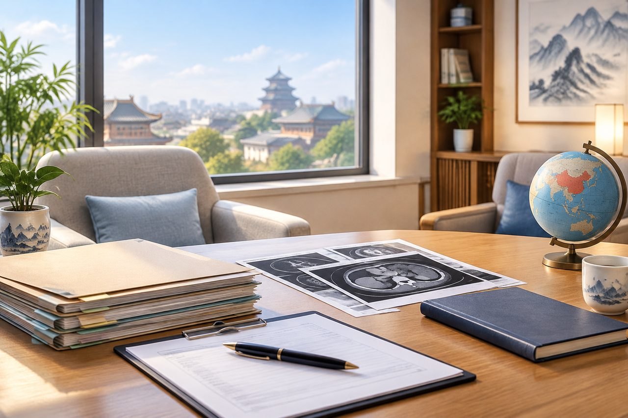 AI illustration: A well-organized office space featuring medical documents and a globe, with a view of a city skyline.