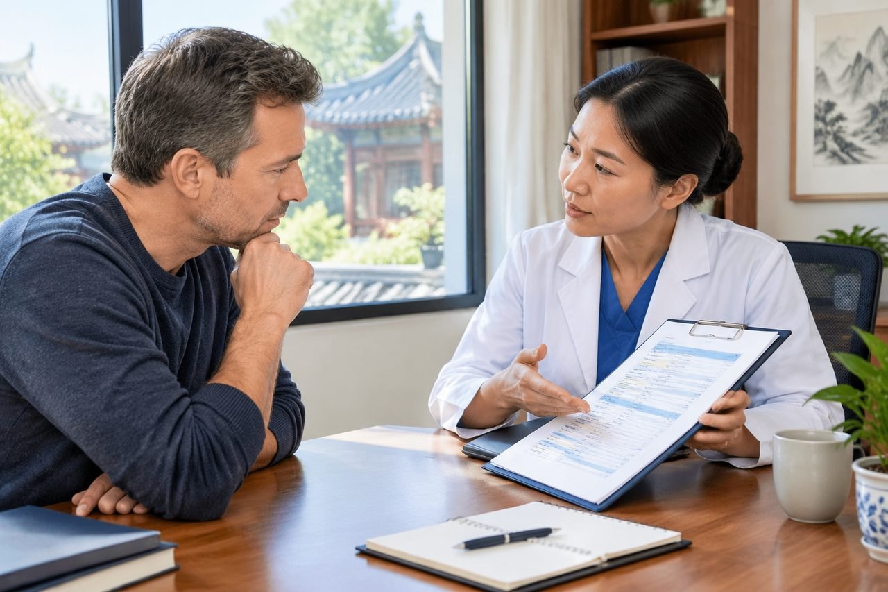 Illustrative image: A doctor discusses medical information with a patient in a consultation setting.