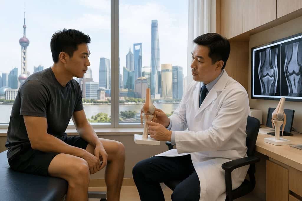 Illustrative image: A doctor discusses knee anatomy with a patient in a clinic room with a city skyline view.