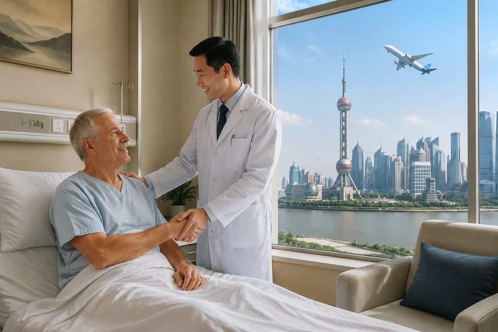 Illustrative image: A doctor and patient engage in a friendly consultation in a hospital room with a view of a city skyline and an airplane in the background.
