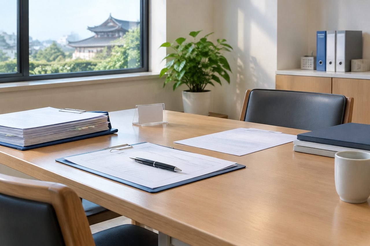 AI illustration: A modern office space featuring a wooden table with documents, a pen, and a plant, alongside a view of traditional architecture outside.