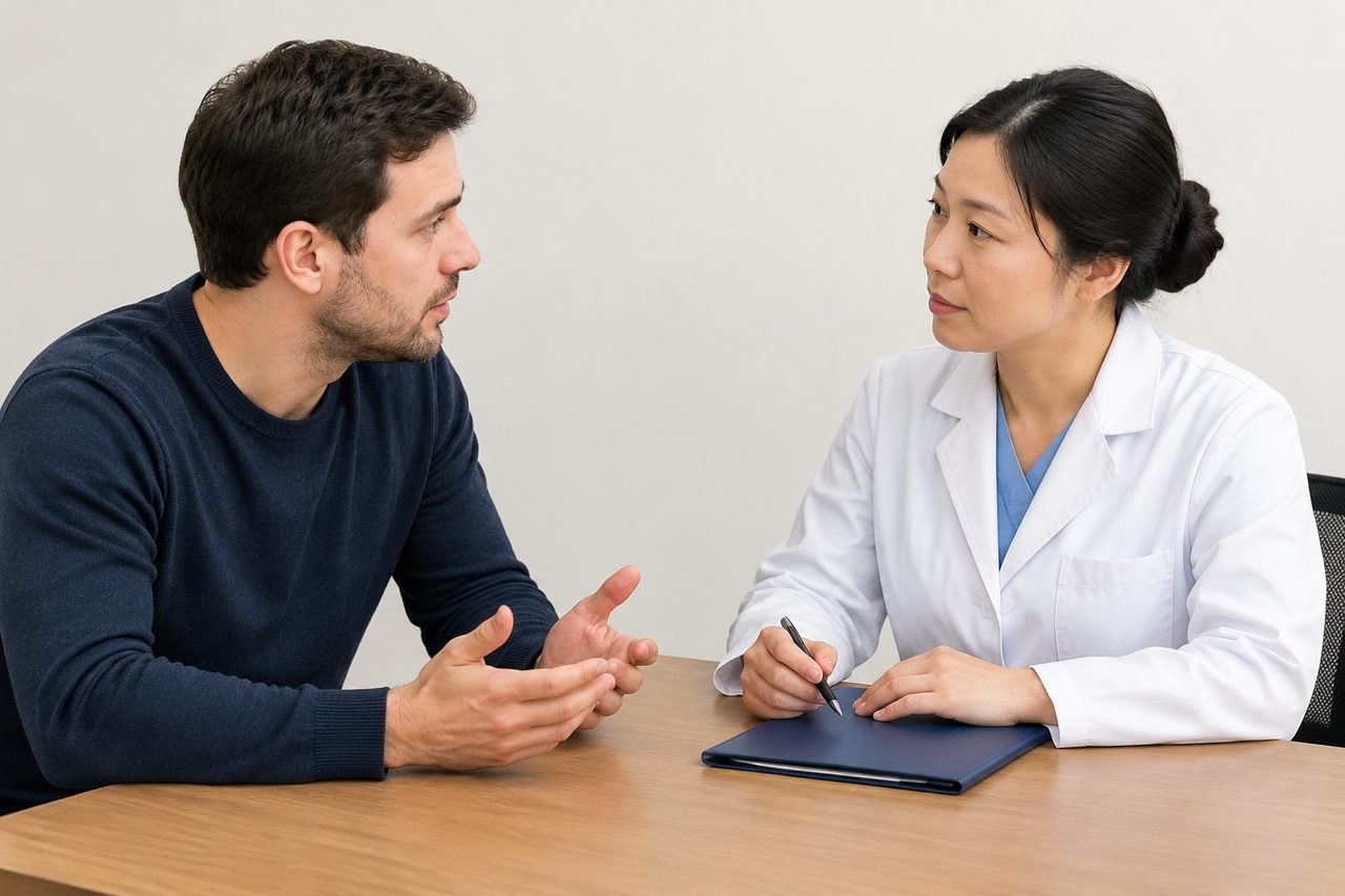 AI illustration: A doctor and patient engage in a consultation at a desk, discussing health matters.