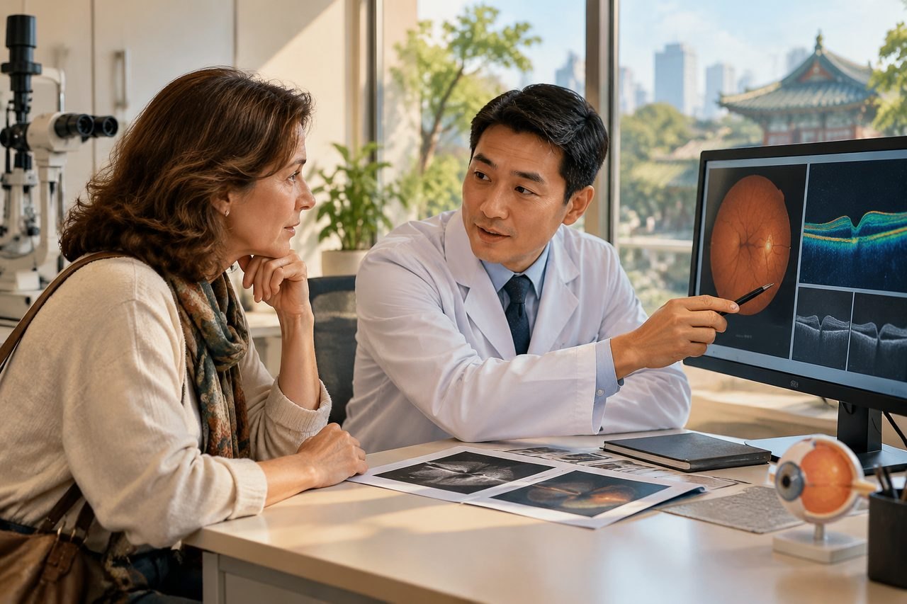 Illustrative image: A doctor discusses eye scan results with a patient in a consultation room.
