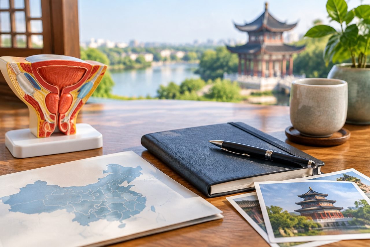 Illustrative image: A medical anatomical model is displayed alongside travel-related items and a scenic view.