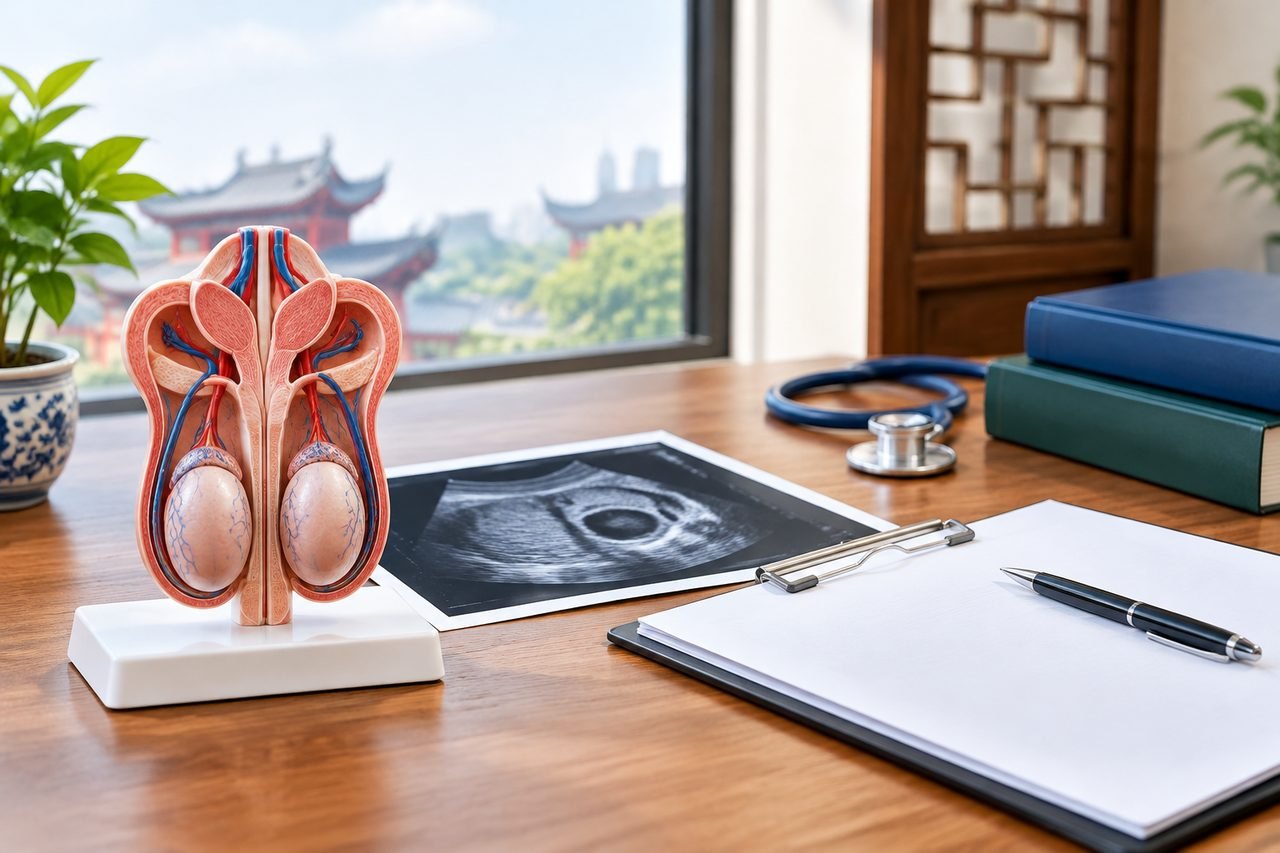 Illustrative image: A medical model of the male reproductive system is displayed on a desk alongside medical documents and equipment.