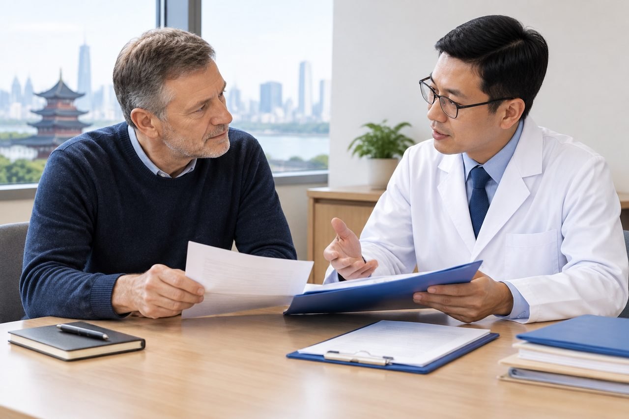 AI illustration: A doctor discusses medical documents with a patient in a consultation room with a city skyline view.