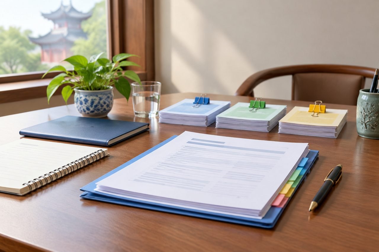 AI illustration: A well-organized desk featuring documents, a plant, and stationery.