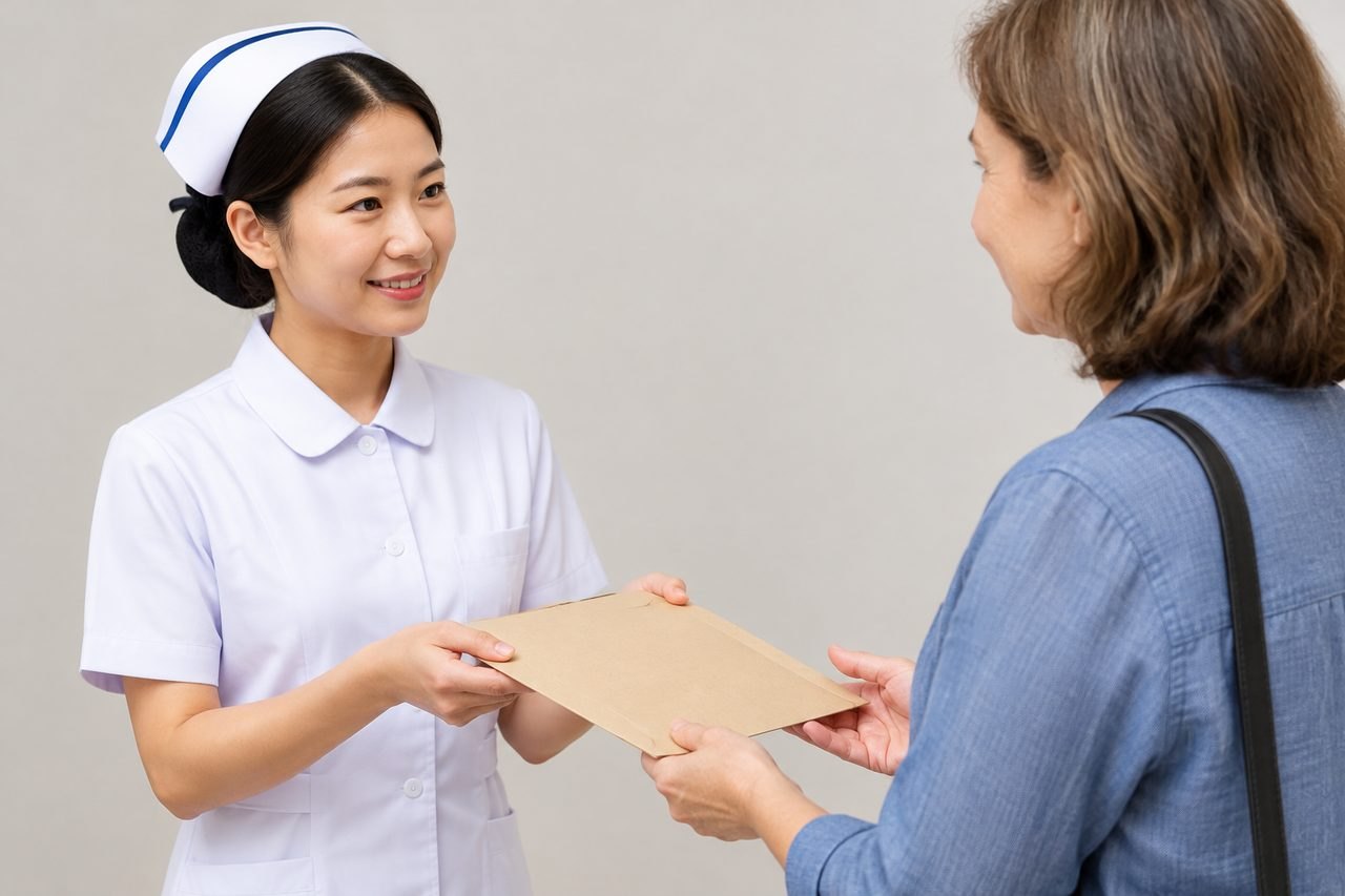 AI illustration: A nurse hands a document to a patient in a healthcare setting.