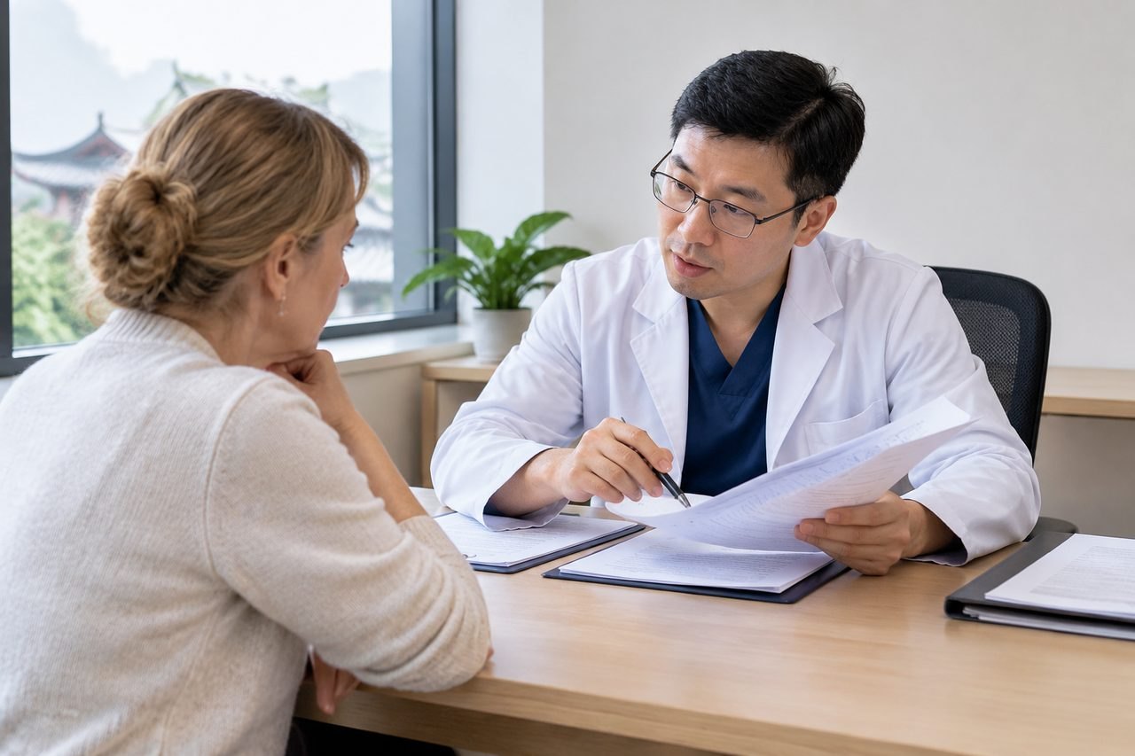 AI illustration: A doctor discusses medical information with a patient in a consultation room.