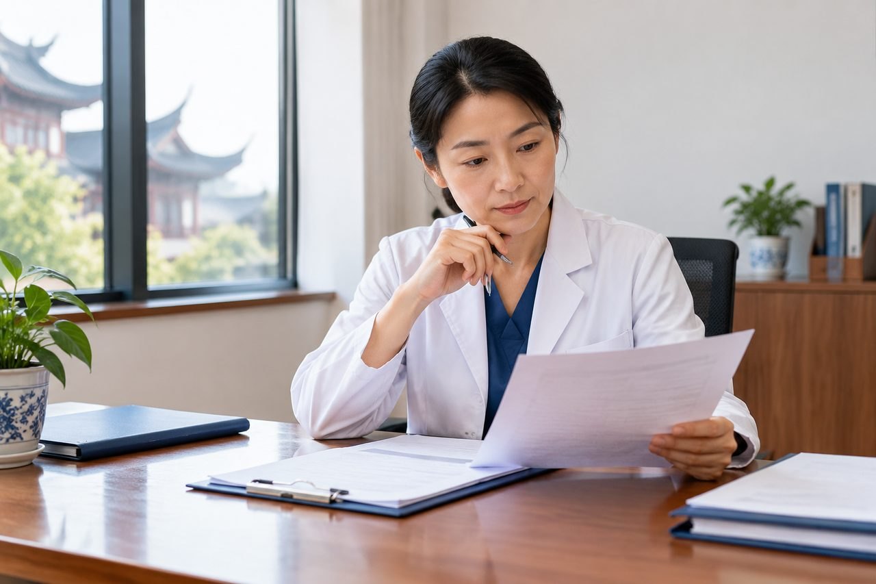 Illustrative image: A doctor reviews documents in a well-lit office setting.