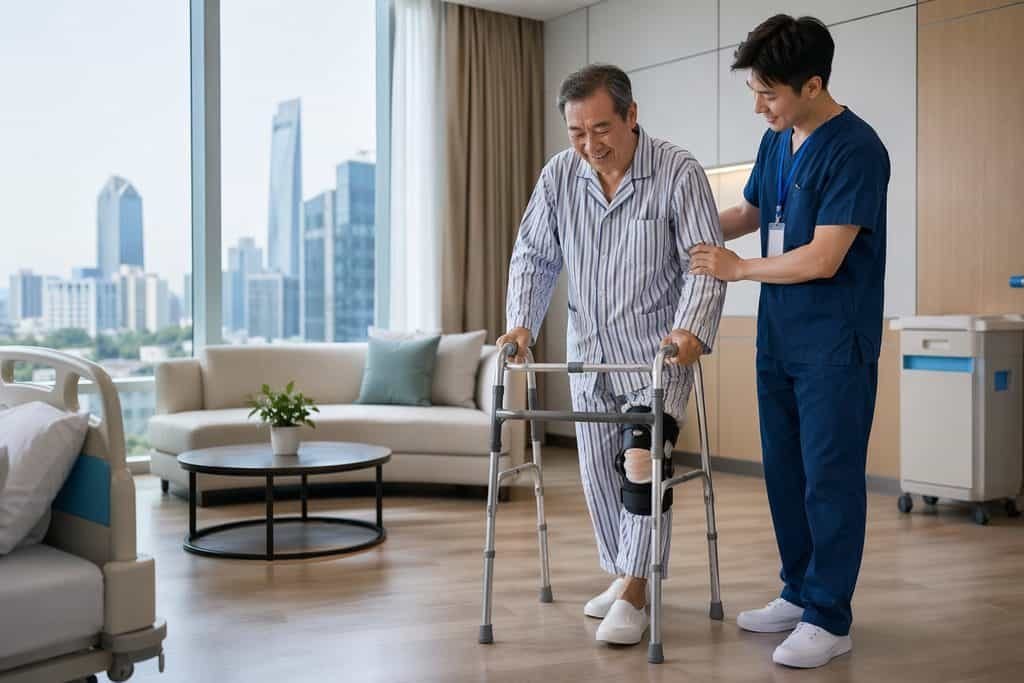 Editorial illustration: Robotic Knee Replacement in China: Communicating With Your Home Medical Team