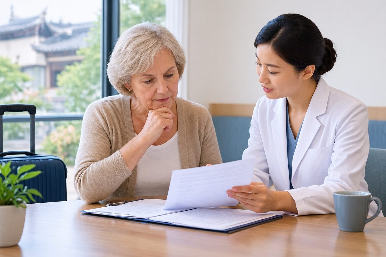 Illustrative image: A healthcare professional discusses documents with an elderly patient in a consultation setting.