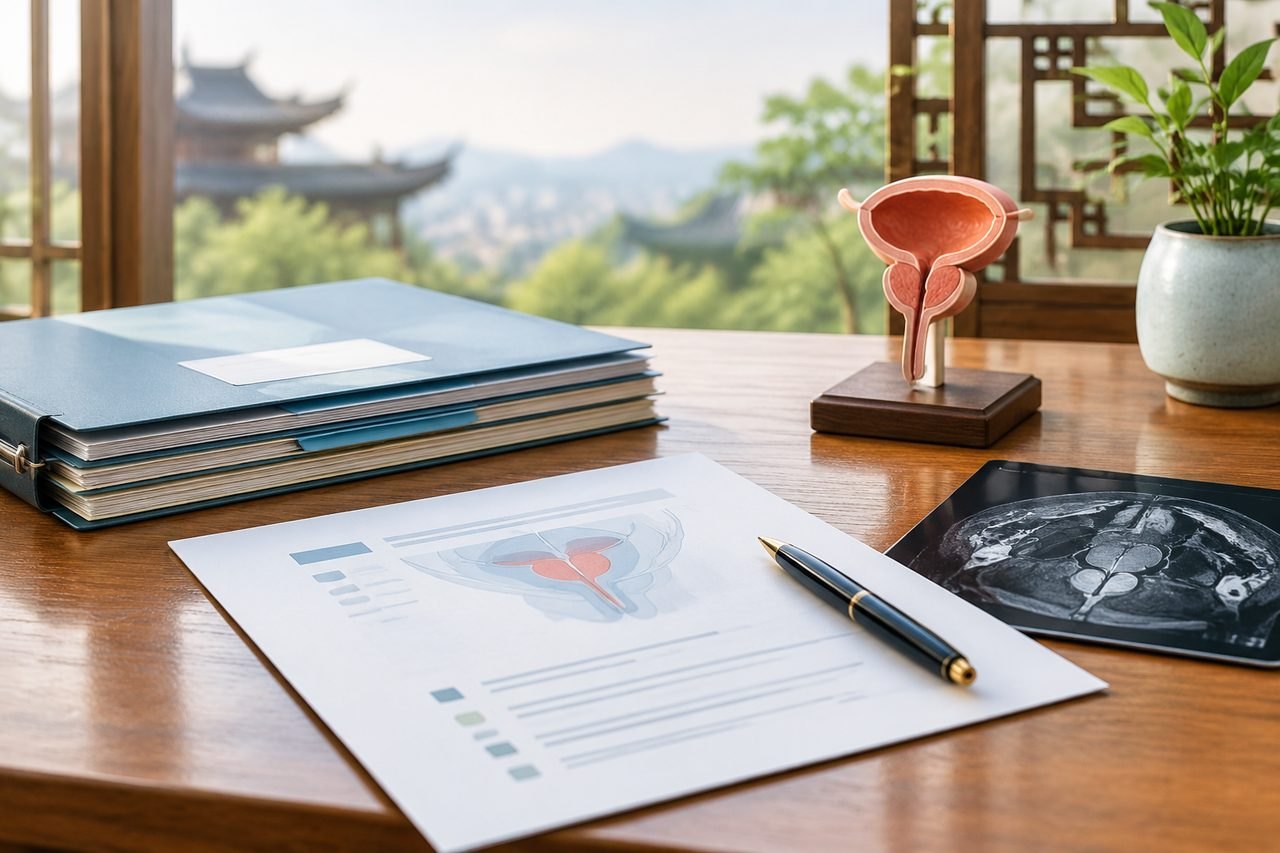 Illustrative image: A desk with medical documents, a model of the bladder, and an imaging scan in a serene setting.
