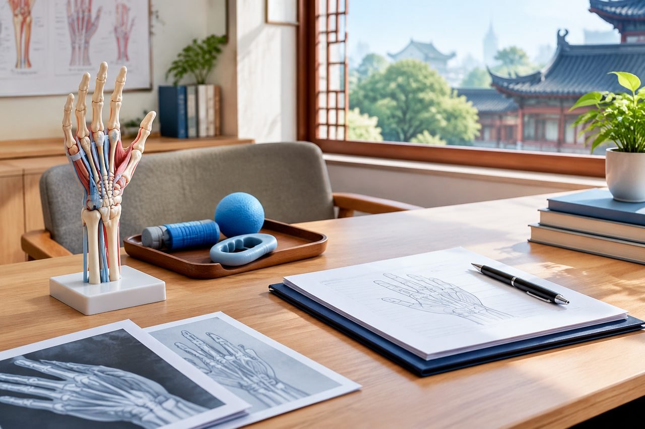 Illustrative image: A medical consultation room featuring anatomical models and study materials on a desk.