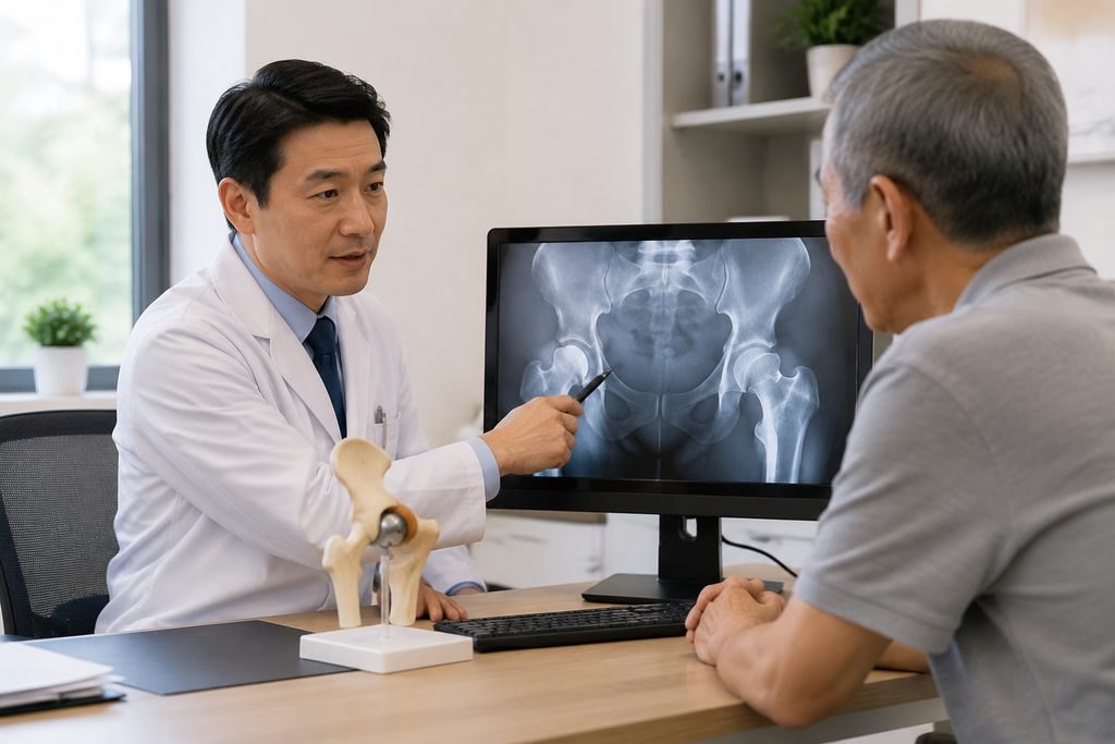 Illustrative image: A doctor discusses an X-ray with a patient in a consultation room.