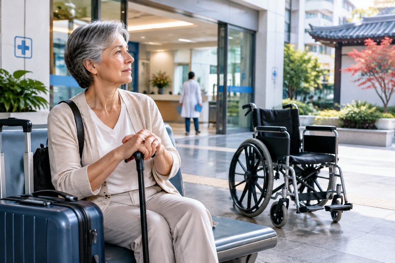 Illustrative image: An elderly woman waits in a hospital lobby with luggage and a cane, while wheelchairs are visible nearby.