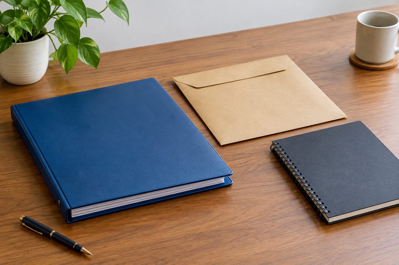 AI illustration: A workspace featuring a blue binder, a black notebook, a brown envelope, a pen, and a plant.