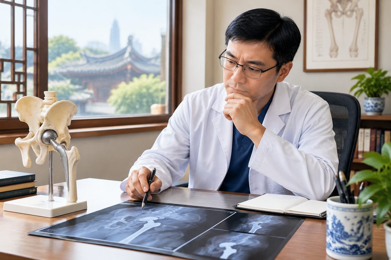 Illustrative image: A doctor examines X-ray images while studying an anatomical model of the pelvis in a clinical setting.
