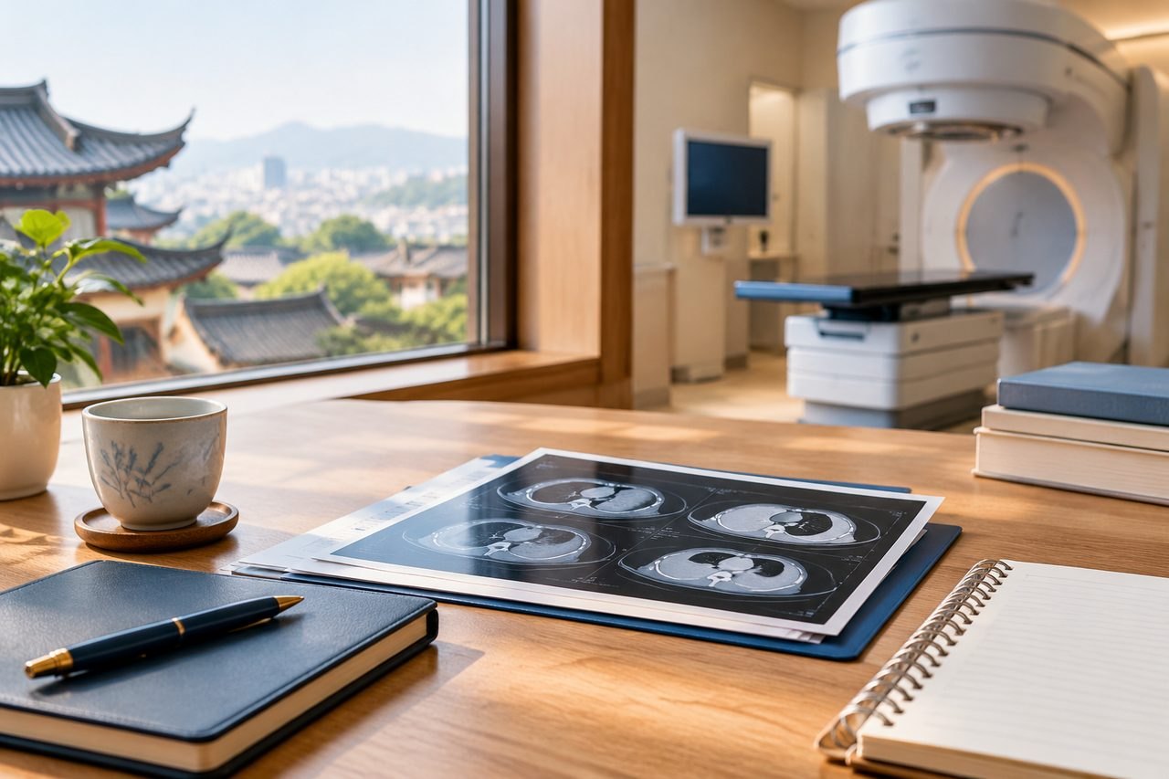 Illustrative image: A medical consultation room featuring imaging scans and a CT scanner in the background.