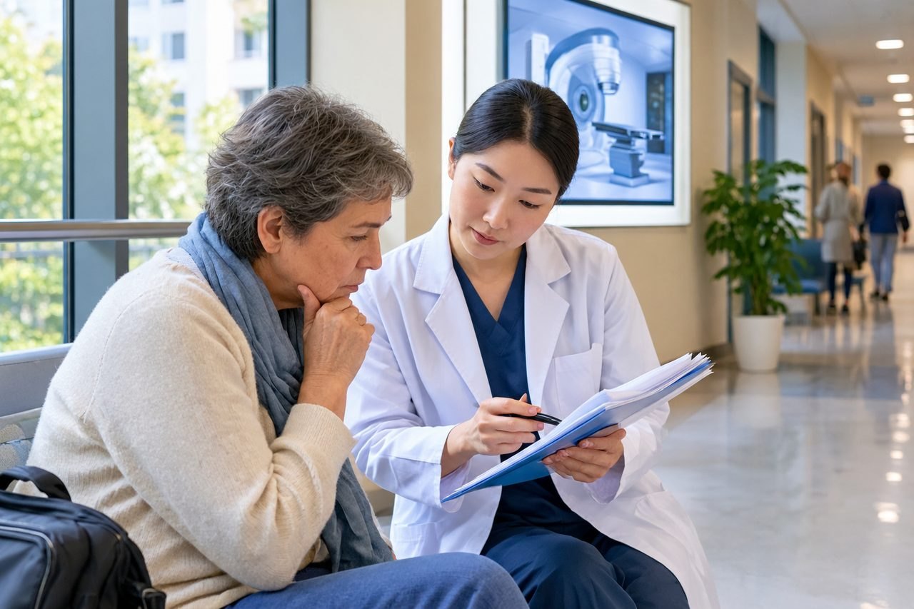 Illustrative image: A medical consultation taking place in a hospital corridor between a doctor and a patient.