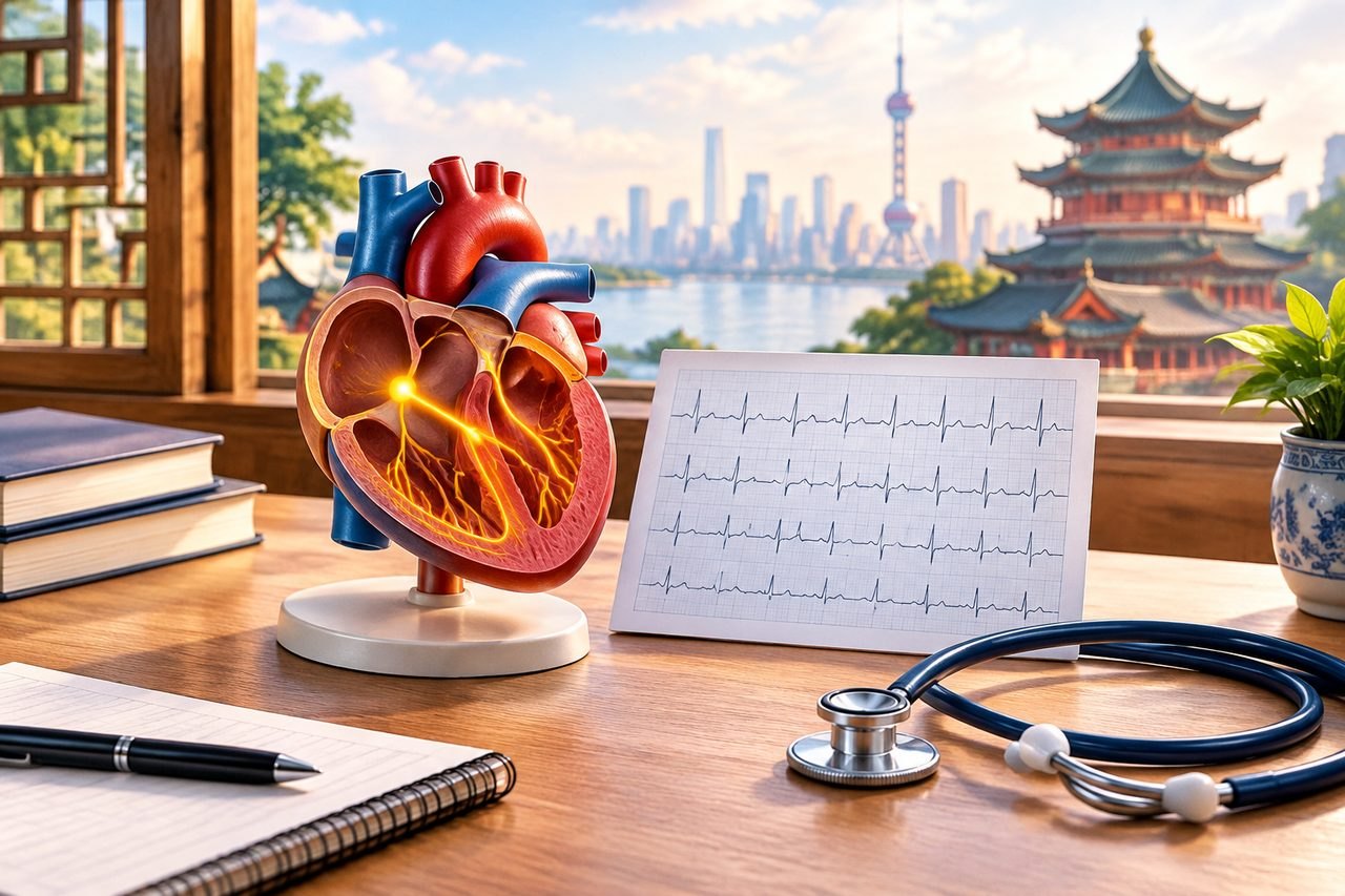 Illustrative image: A detailed anatomical model of a heart is displayed alongside an ECG printout and a stethoscope, with a city skyline in the background.