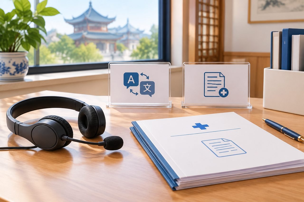 AI illustration: A medical consultation workspace featuring a headset, documents, and informational signs.