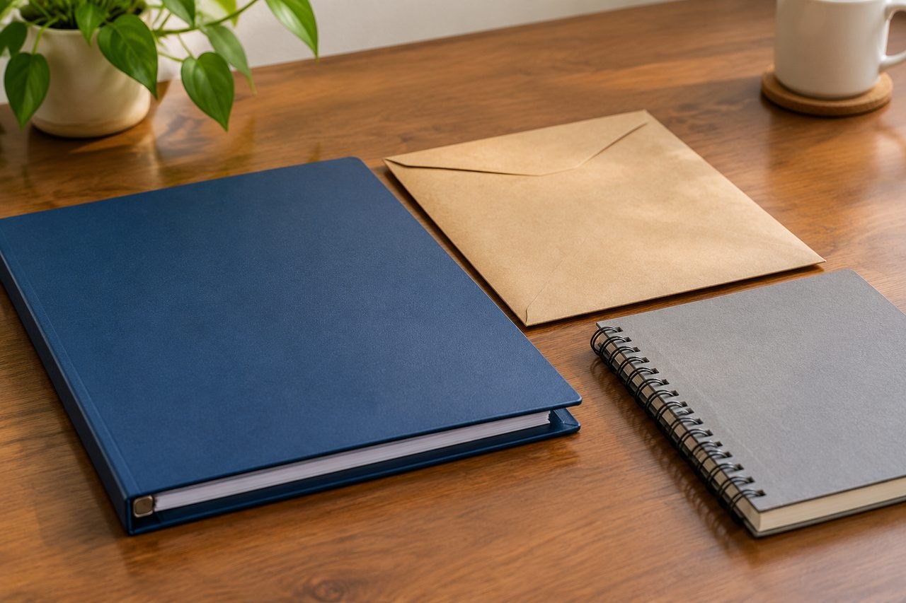 AI illustration: A workspace featuring a blue binder, a brown envelope, and a gray notebook on a wooden table.