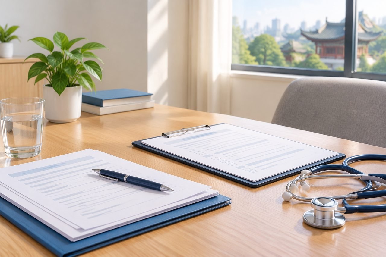 AI illustration: A medical consultation desk featuring documents, a pen, a stethoscope, and a plant, with a city skyline visible through the window.