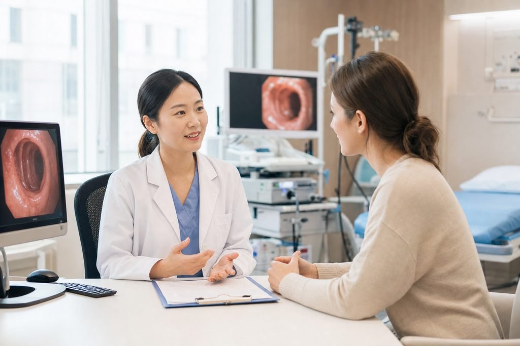 Illustrative image: A doctor discusses medical information with a patient in a clinic room, with medical equipment and monitors visible in the background.