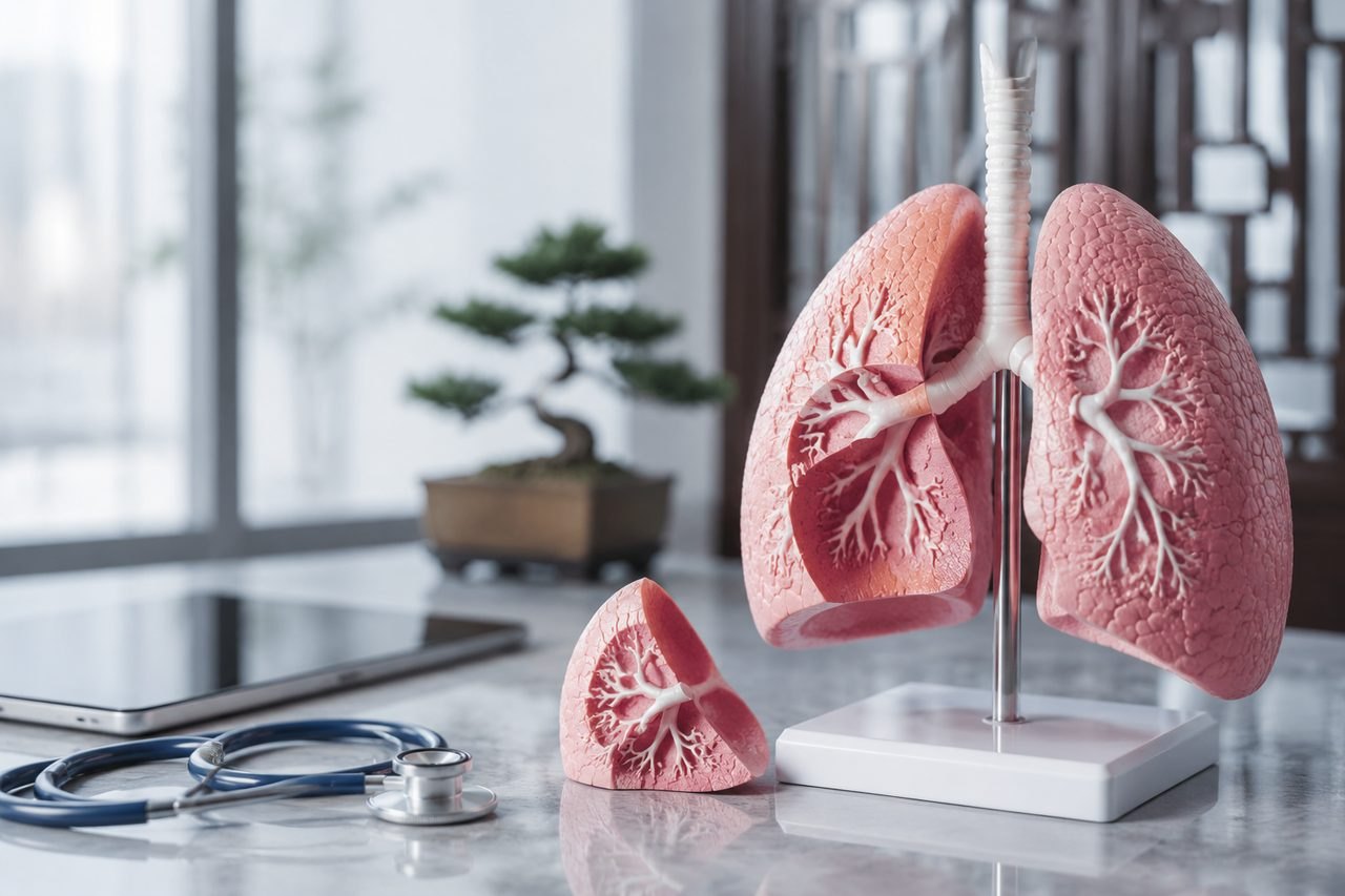 Illustrative image: A detailed anatomical model of human lungs displayed on a table with a stethoscope and tablet nearby.