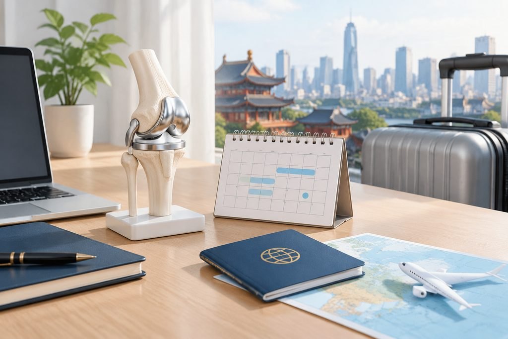 AI illustration: Knee-joint model, calendar and travel luggage