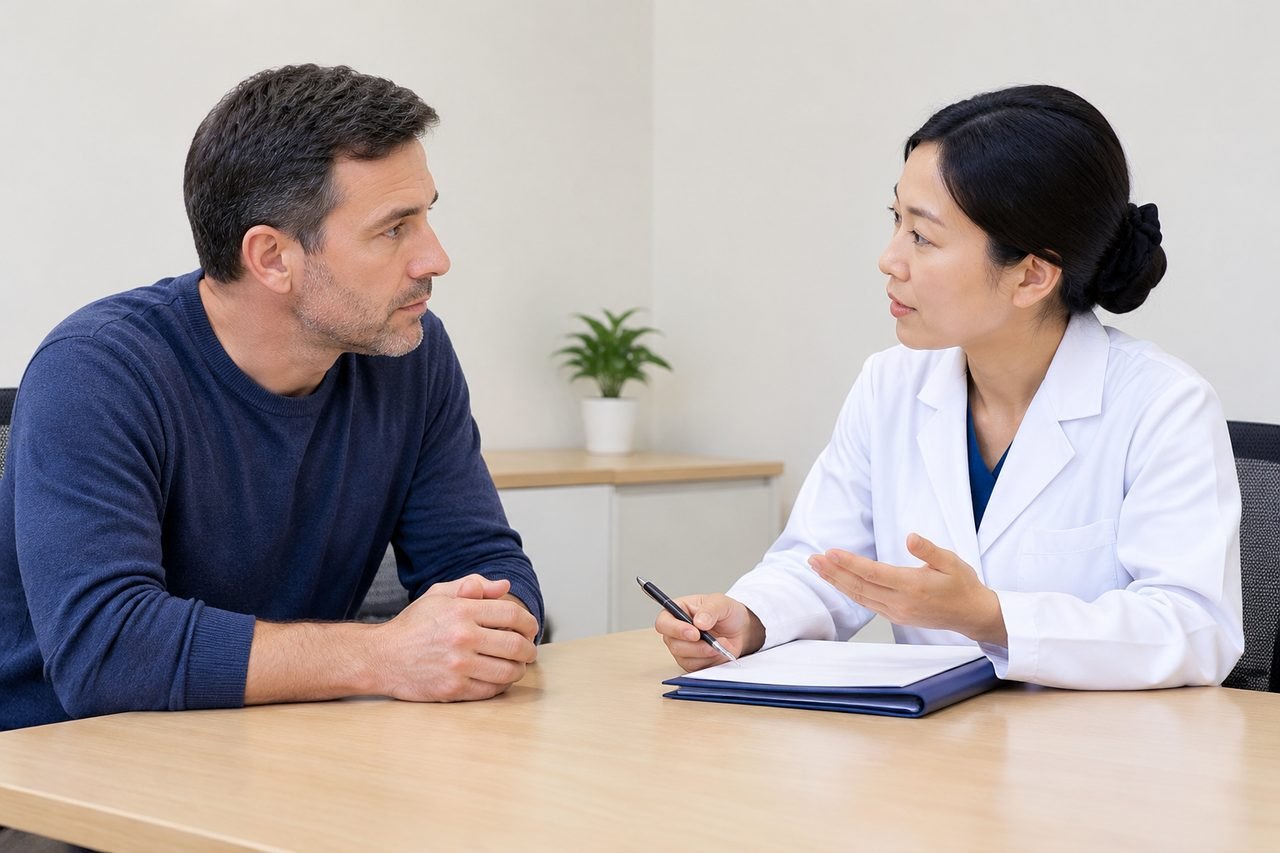 AI illustration: A doctor discusses with a patient in a consultation room.