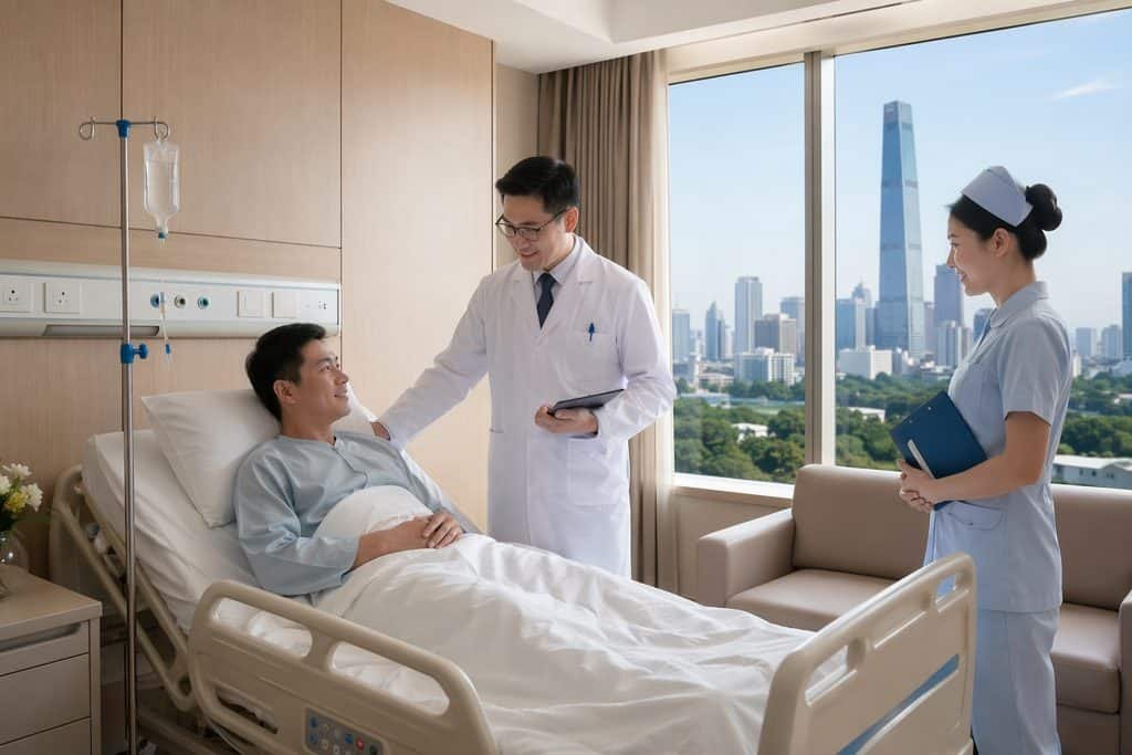 Illustrative image: A doctor and nurse engage with a patient in a hospital room with a city skyline view.