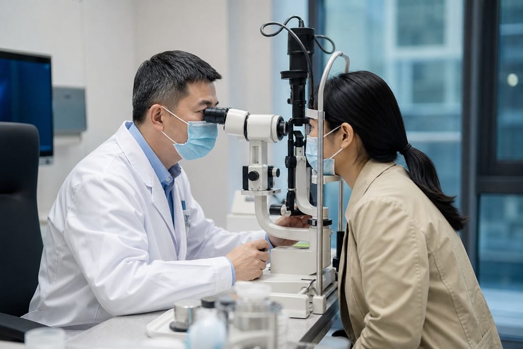 Illustrative image: An eye examination is being conducted using a slit lamp by a medical professional wearing a mask.
