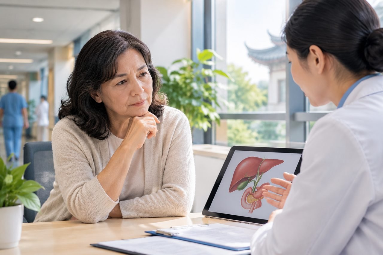 Illustrative image: A patient discusses health concerns with a medical professional, viewing anatomical imagery on a tablet during a consultation.