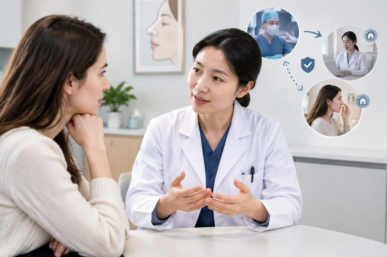 AI illustration: After Rhinoplasty in China: Who Handles Follow-Up Questions at Home?