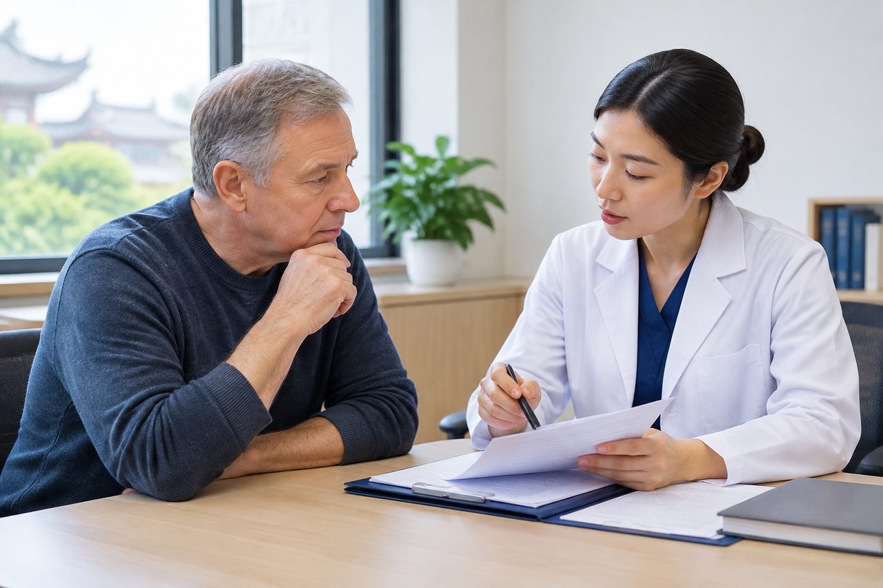 AI illustration: A doctor discusses medical information with a patient in a consultation room.