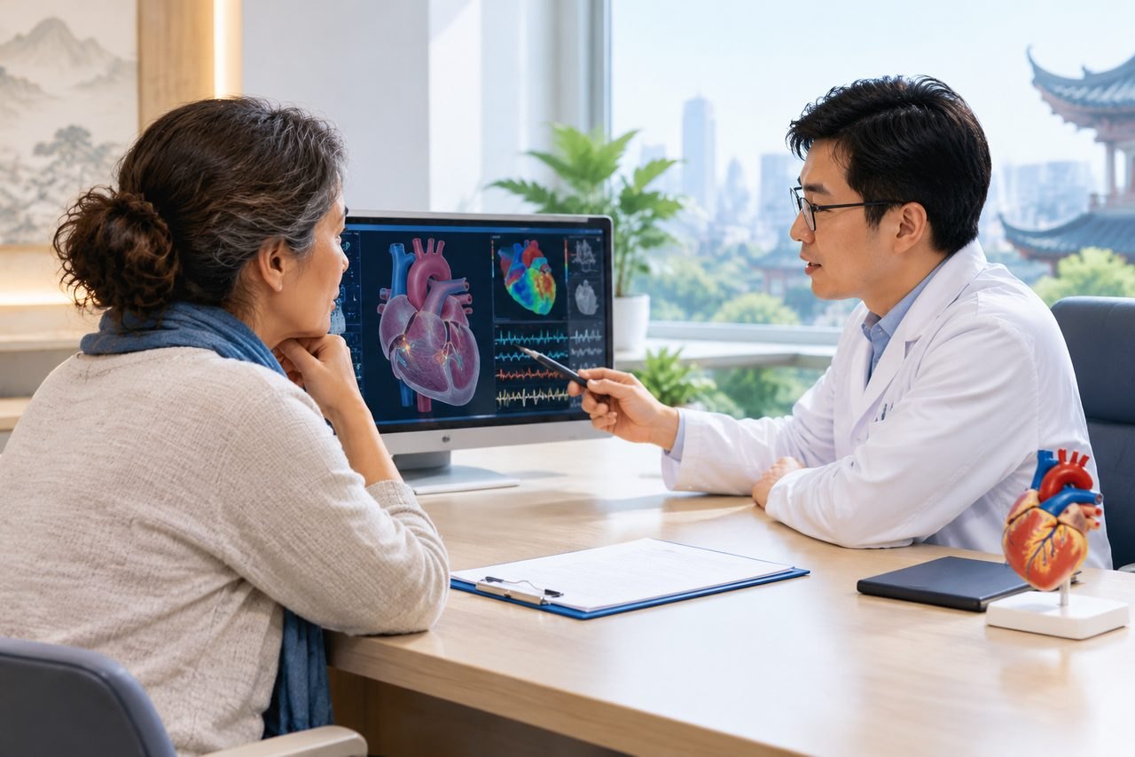 Illustrative image: A doctor discusses heart health with a patient using a computer display and anatomical model.