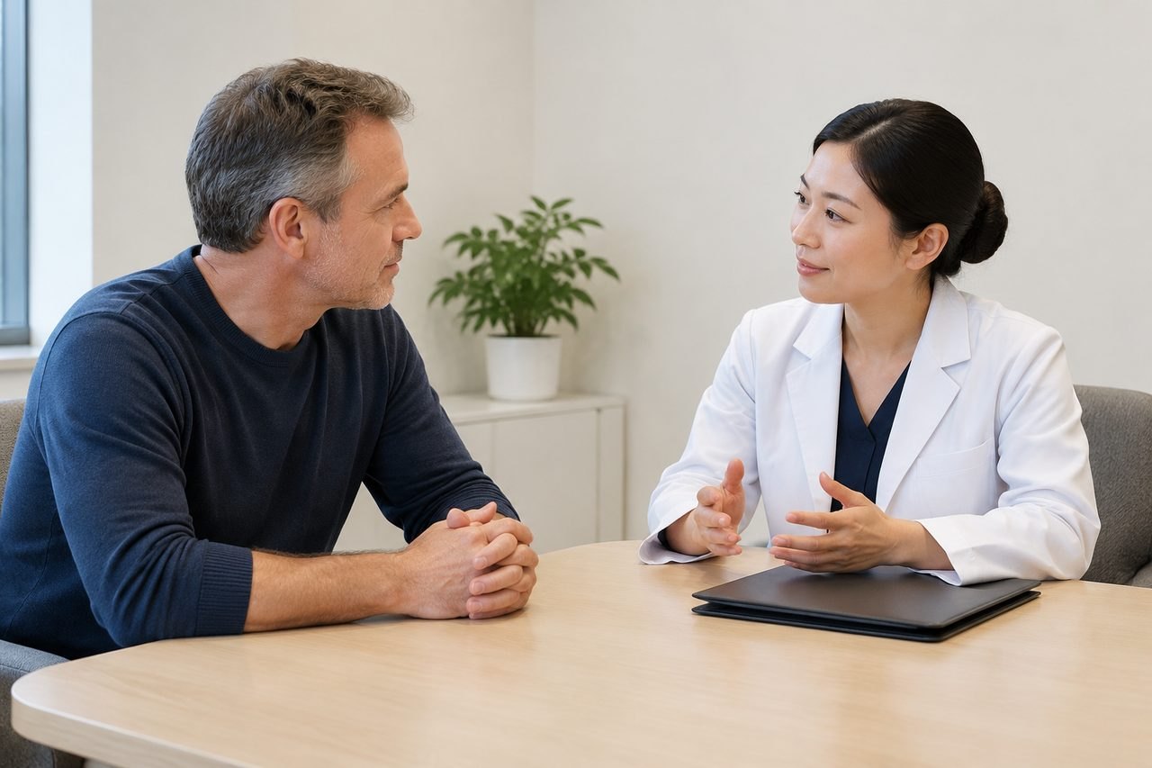 AI illustration: A doctor discusses with a patient in a consultation room.