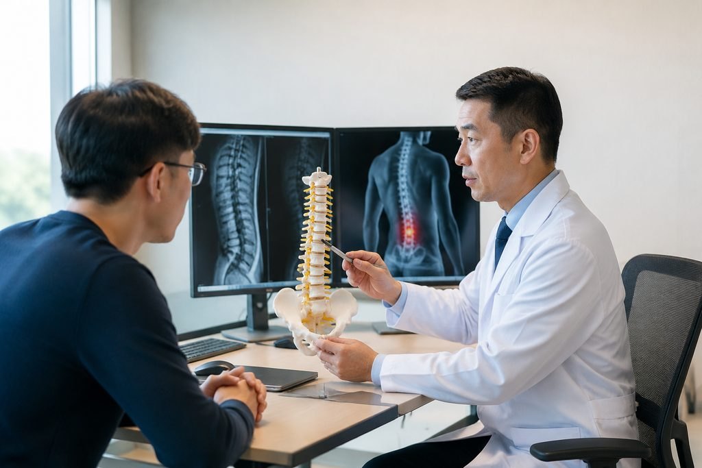 Illustrative image: A doctor discusses spinal health with a patient using a model of the spine and medical imaging on screens.
