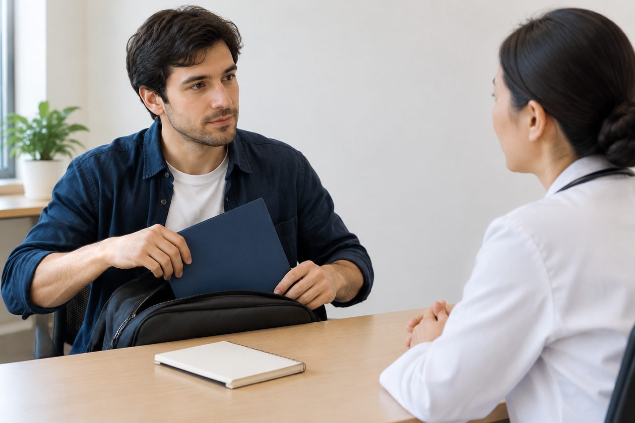 AI illustration: A patient and a medical professional engage in a consultation at a desk.